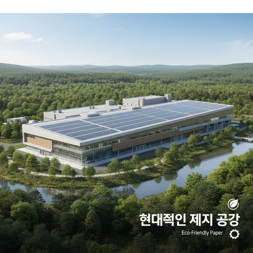 현대적인 제지 공장의 외부 전경, 지붕에 설치된 태양광 패널과 주변의 푸른 숲이 어우러진 친환경적인 산업 시설의 모습.
