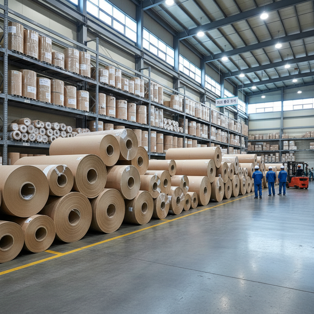 거대한 종이 롤들이 정돈되어 쌓여 있는 깨끗하고 넓은 물류 창고 내부, 고해상도의 질감 표현.