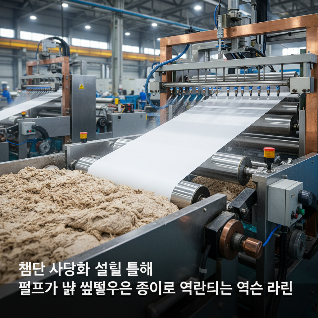 첨단 자동화 설비를 통해 펄프가 얇고 매끄러운 종이로 변환되는 역동적인 생산 라인의 정밀한 클로즈업.