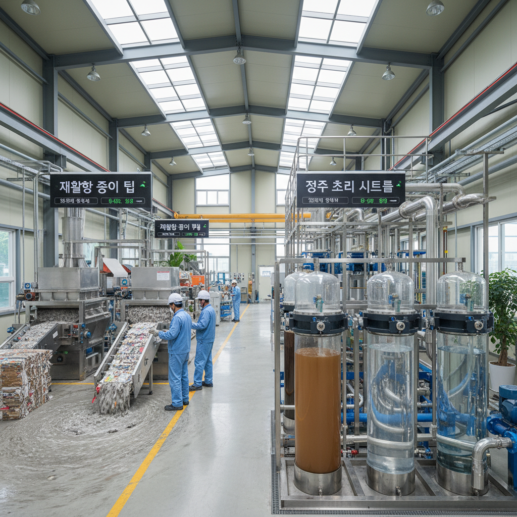 재활용 종이를 활용한 친환경 펄프 제조 과정과 공장 내부의 정수 처리 시스템을 보여주는 깨끗한 이미지.