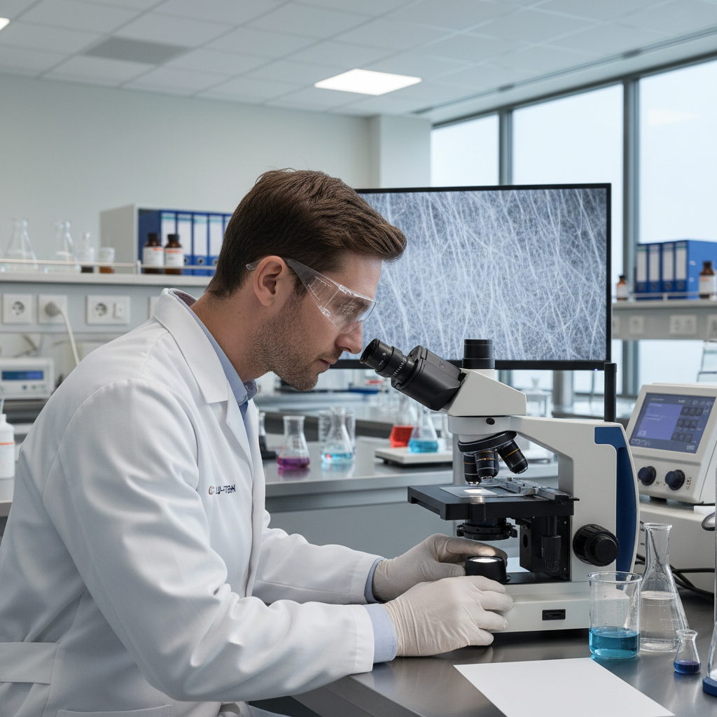 연구원이 정밀 현미경을 사용하여 갓 생산된 종이의 표면 질감과 품질을 검사하는 전문적인 실험실 장면.