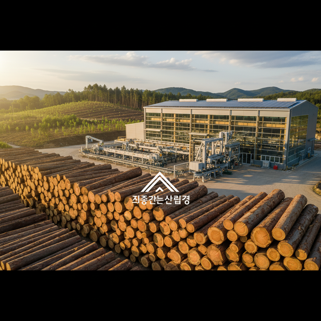 지속 가능한 산림 경영을 상징하는 잘 쌓인 원목들과 이를 가공하기 위해 준비하는 현대적 설비의 조화.
