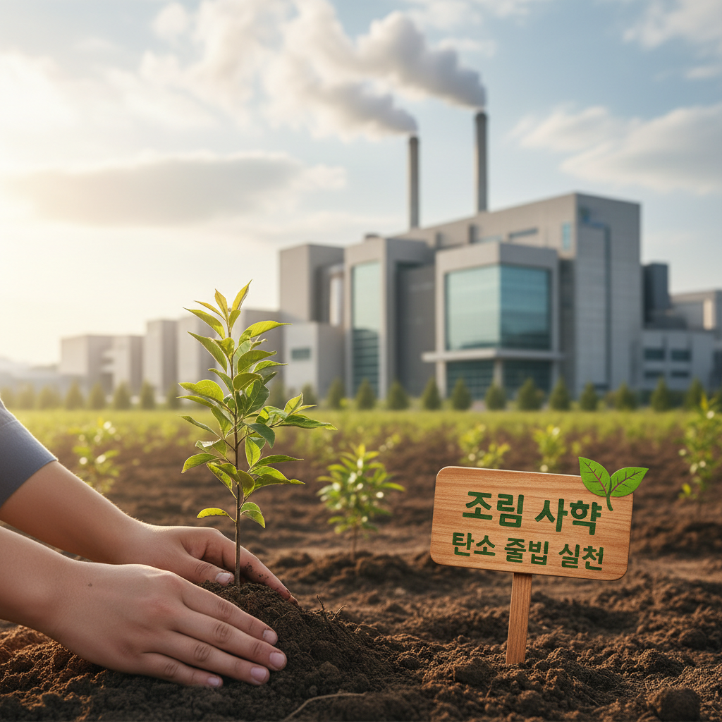 제지 회사 배경 앞에서 어린 나무 묘목을 심는 손의 모습, 조림 사업과 탄소 중립 실천을 강조하는 감성적인 연출.